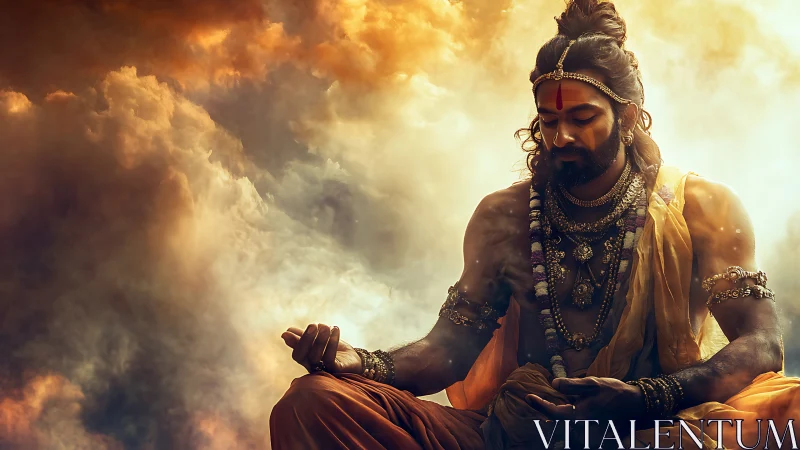 Meditating sage in radiant clouds embraces divine serenity.