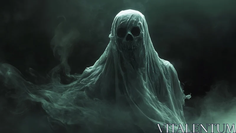 Spectral skull wraith materializes from swirling haunted fog.