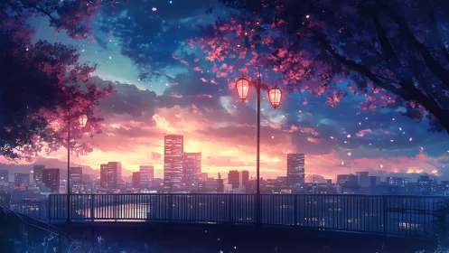 Twilight city promenade under glowing lantern-lit cherry trees.