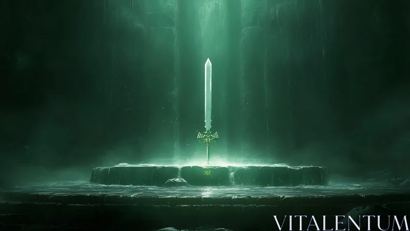 Sword stands vertically on stone dais in dim green chamber