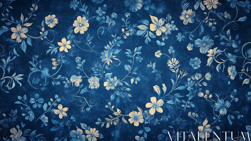 Monochrome blue floral pattern with textured vintage surface