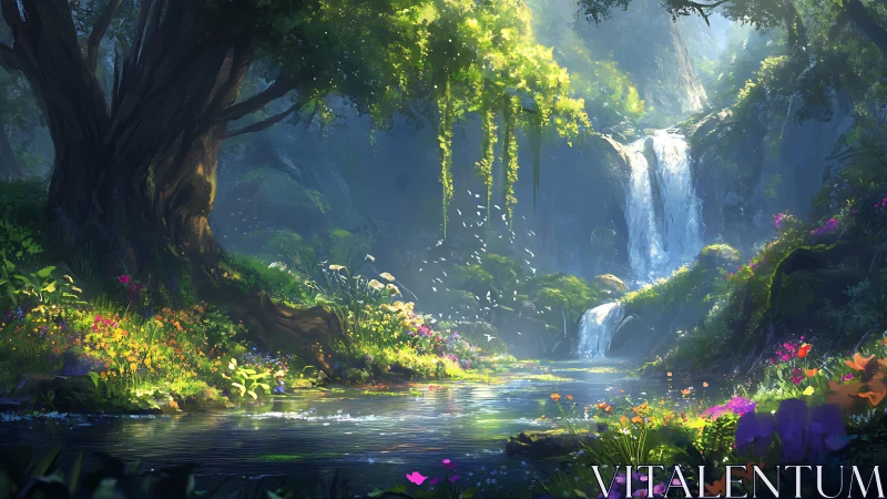 Whispering waterfall grove under spellbound forest light.