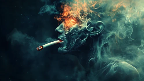 Side profile smoke figure with burning cigarette and flames