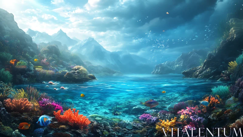 Panoramic undersea lagoon merges coral reef and misty peaks