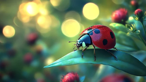 Ladybug rests on dew-covered leaf under glowing bokeh lights