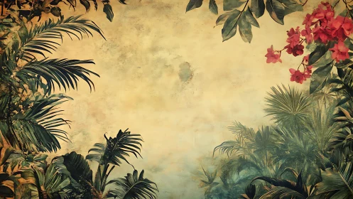 Vintage tropical foliage framing aged parchment sky.