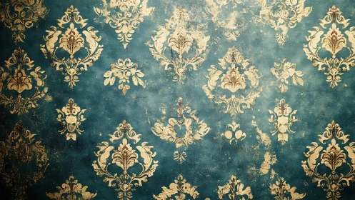 Aged teal damask wallpaper shows ornate gold flourishes.