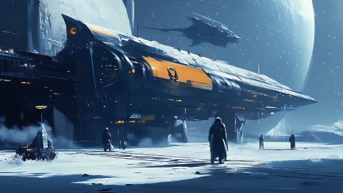 Orbital drydock with heavy cruiser over frozen exoplanet