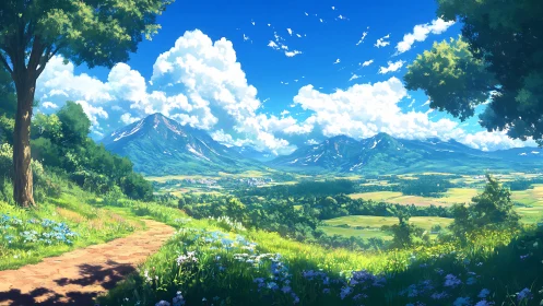 Sunny mountain valley path inviting a peaceful wander.