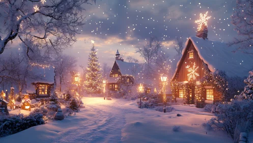 Snowlit cottage lane wrapped in glowing Christmas hush.