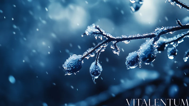 Frozen berry branch captures crystalline ice in shallow focus