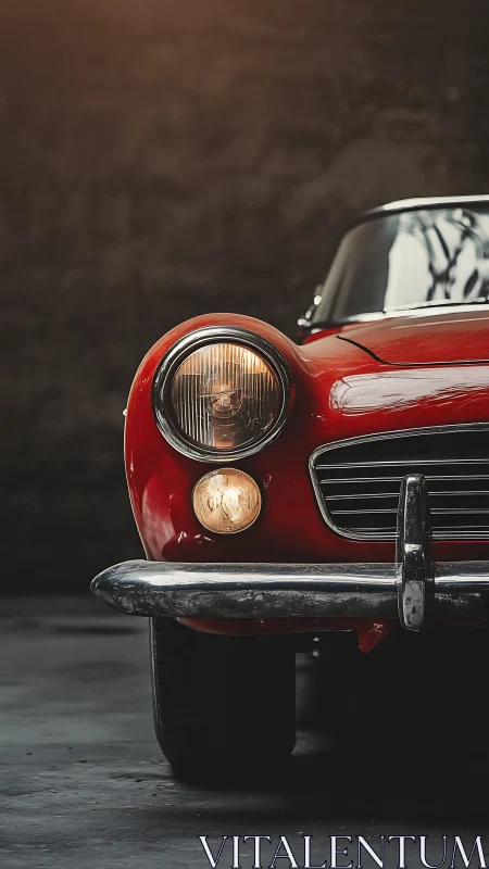 Front section of vintage red car is shown in profile