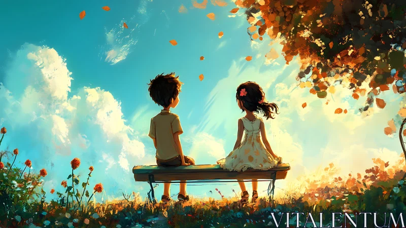 Sunlit childhood quiet on a bench between drifting seasons.