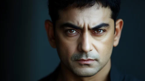 Intense male portrait with sharp gaze and moody lighting.
