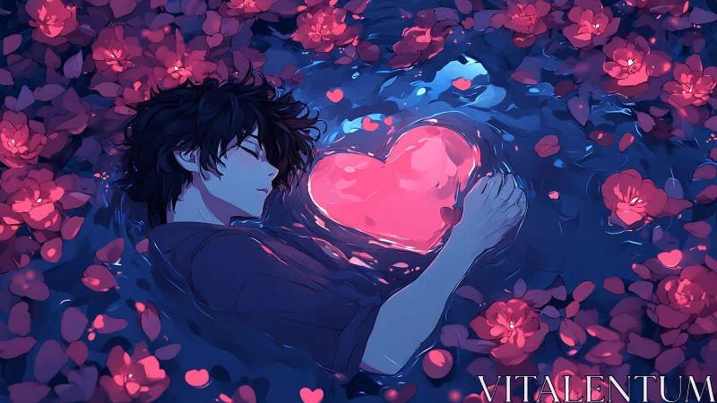 Anime figure holding luminous heart amidst neon floral environment with atmospheric lighting