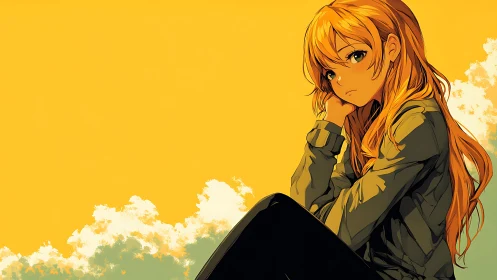 Pensive anime girl rendered against high-key yellow sky gradient