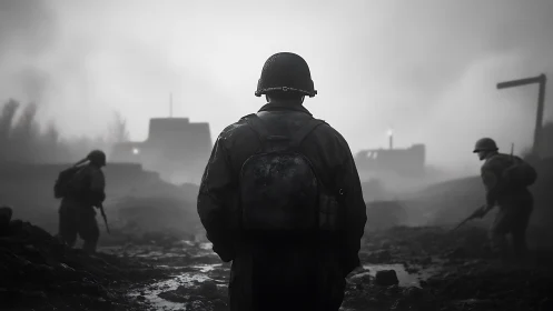 Soldiers advance through foggy battlefield terrain at dawn.