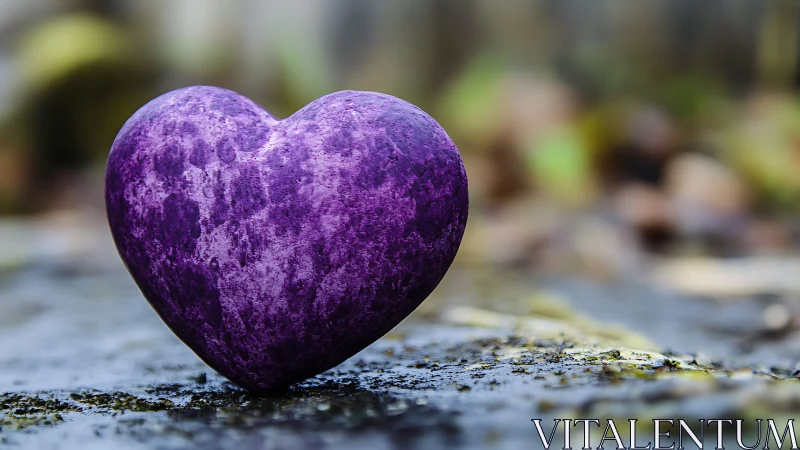 Purple Heart-Shaped Stone on Wet Moss-Covered Rock.