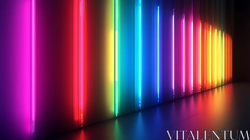 Neon light corridor with vertical rainbow spectrum bars.