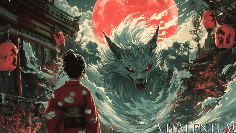 Lunar yokai convergence with crimson moonlit shrine waters.