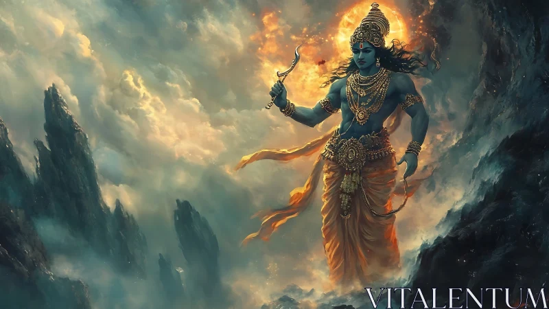 Divine blue warrior strides through celestial storm clouds