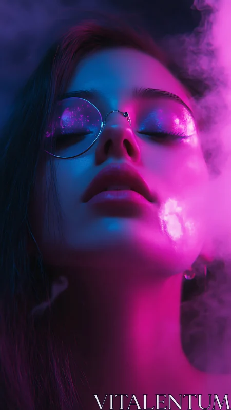Neon dreamer bathed in cosmic vapor and electric glow.