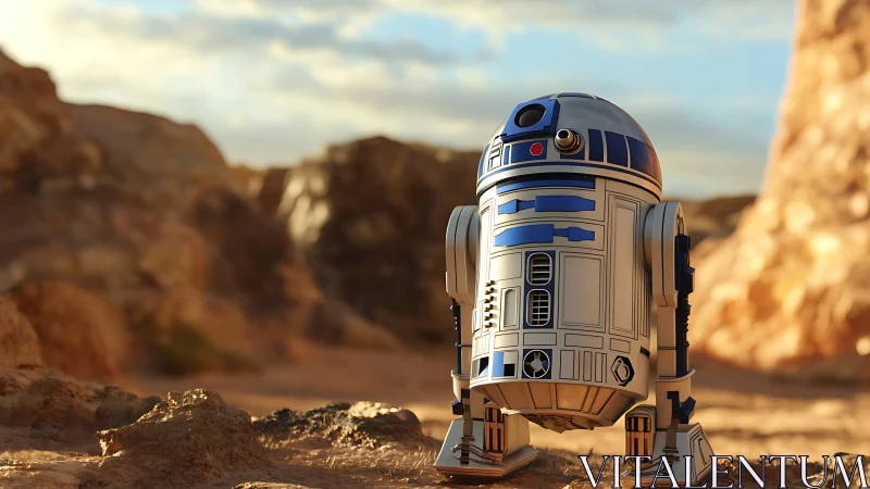 Astromech reconnaissance unit in sunlit desert canyon environment.