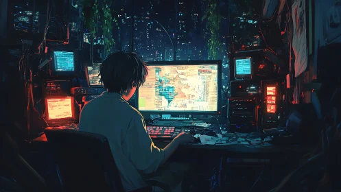 Cyberpunk workstation interior with neon-lit hacker rig.