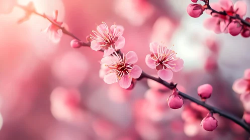 Cherry Blossom Branches with Dew Drops in Pink Bokeh