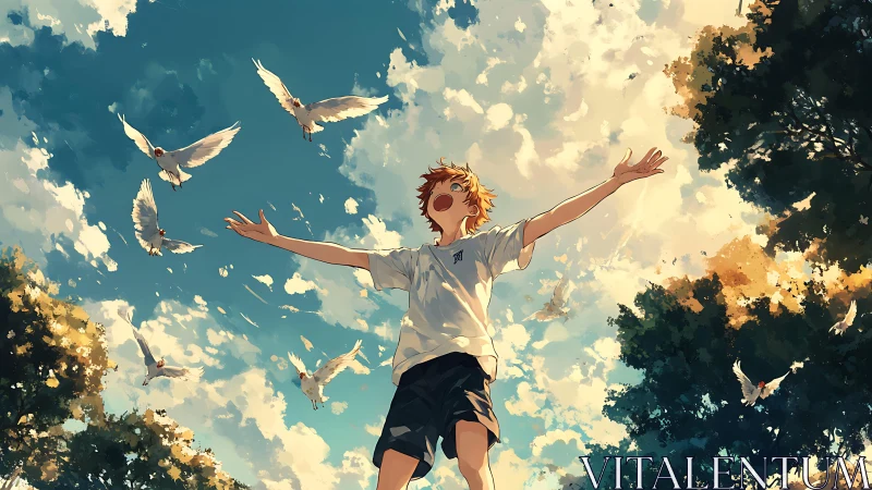 Boy embraces summer sky as doves scatter in sunlight.