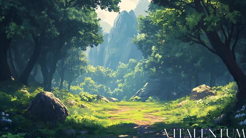 Enchanted Forest Valley Where Sunlight Pierces Ancient Trees