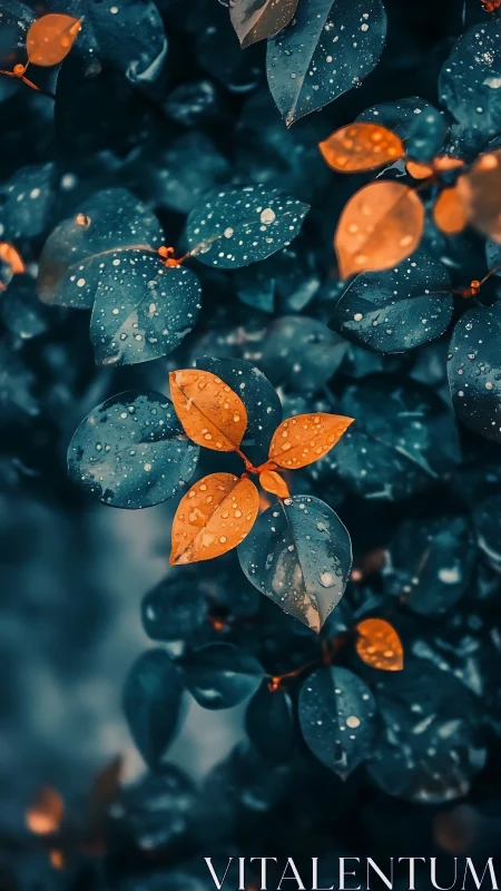 Chromatic foliage contrast with macro raindrop specularity.