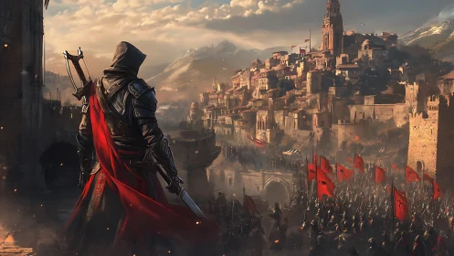 Hooded warlord surveys a crimson siege-torn mountain citadel.