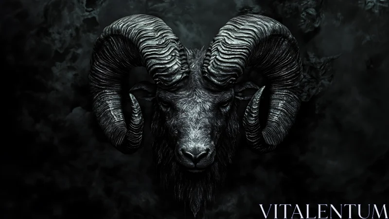 Dark horned ram portrait with heavy textured details.