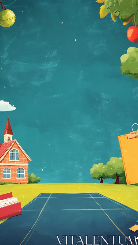 Digital schoolyard backdrop with whimsical classroom details.