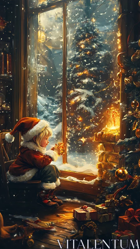 Child in Santa coat by glowing winter window at Christmas.