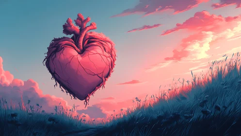 A Floating Anatomical Heart Glows Softly in a Dreamy Sky