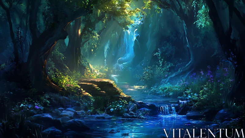 Enchanted Forest Cavern with Bioluminescent Waterfall.