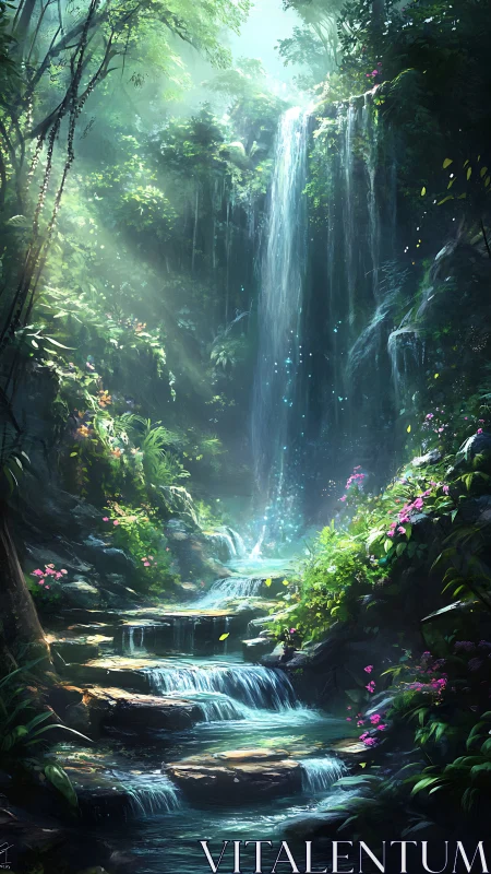Sunlit jungle waterfall inviting you into a secret haven.