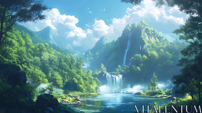 Emerald cascades under cloud-bright peaks dreaming softly.