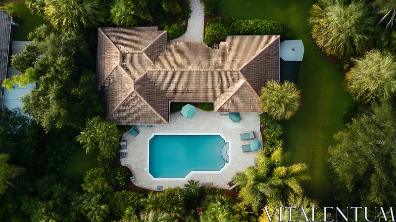 Tiled-roof villa embraces turquoise pool in lush embrace.