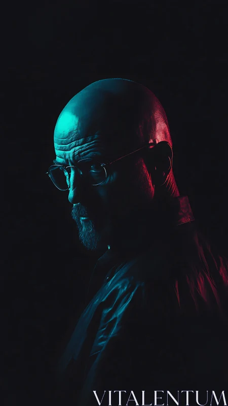 Moody bald portrait in cyan and magenta rim lighting.