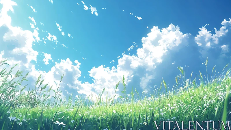 Sunlit wildflower hillside under a bright, drifting sky.