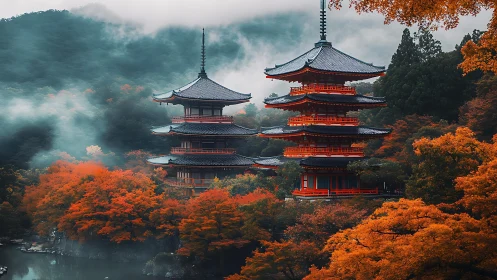 Photorealistic twin pagodas in misty autumn valley composition.