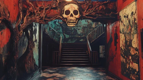 Skull-topped haunted staircase in decayed crimson hall.