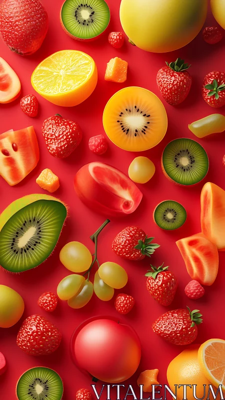 Juicy orbit of neon fruit dancing on a red playground.