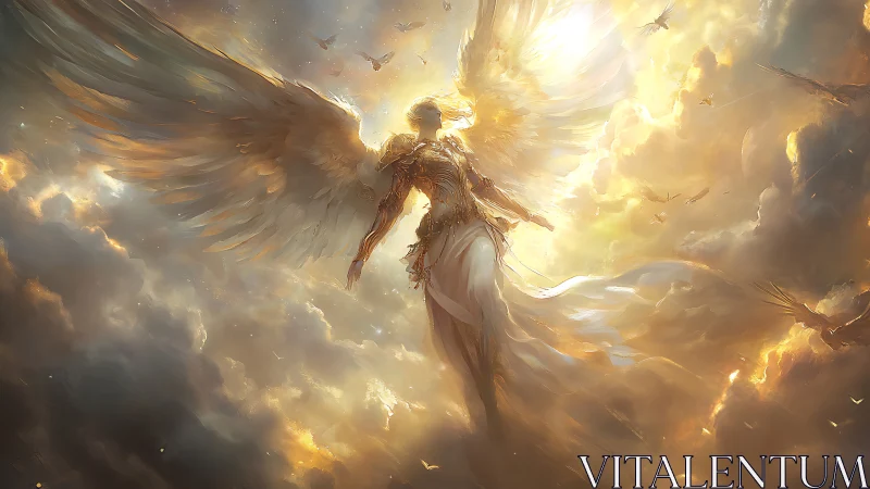 Radiant celestial angel ascends through blazing golden clouds