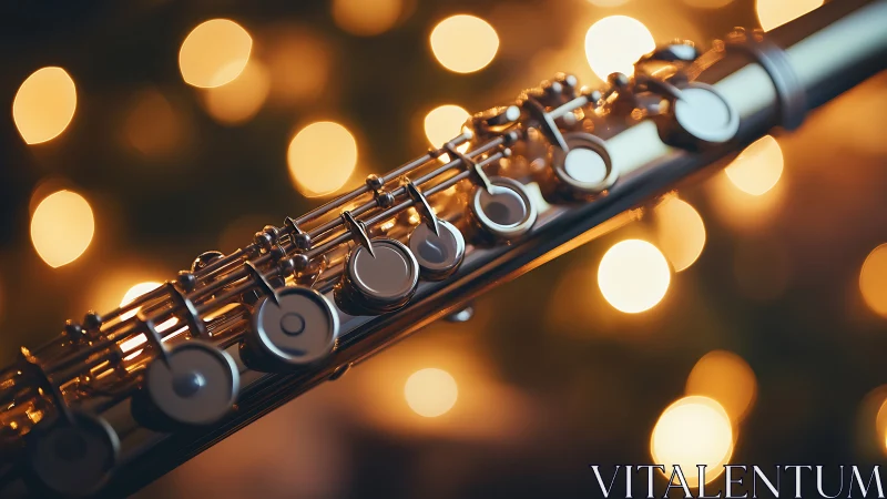 Silver flute gleams against warm golden bokeh lights.
