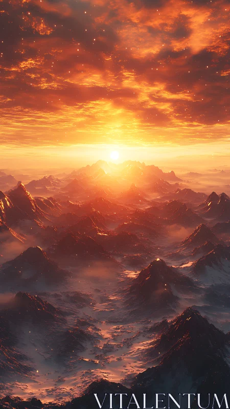 Volumetric-lit mountain range under high-saturation orange sunset