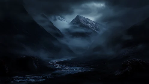 Midnight mountain valley shrouded in mist and cold river.
